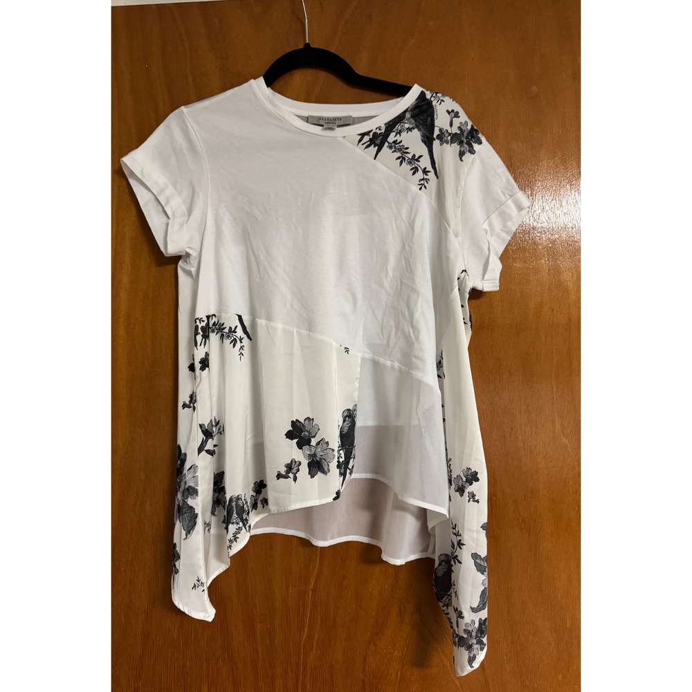 AllSaints Zala Iona Top White Floral Bird Print Mixed Media Asymmetric Medium - Picture 2 of 9